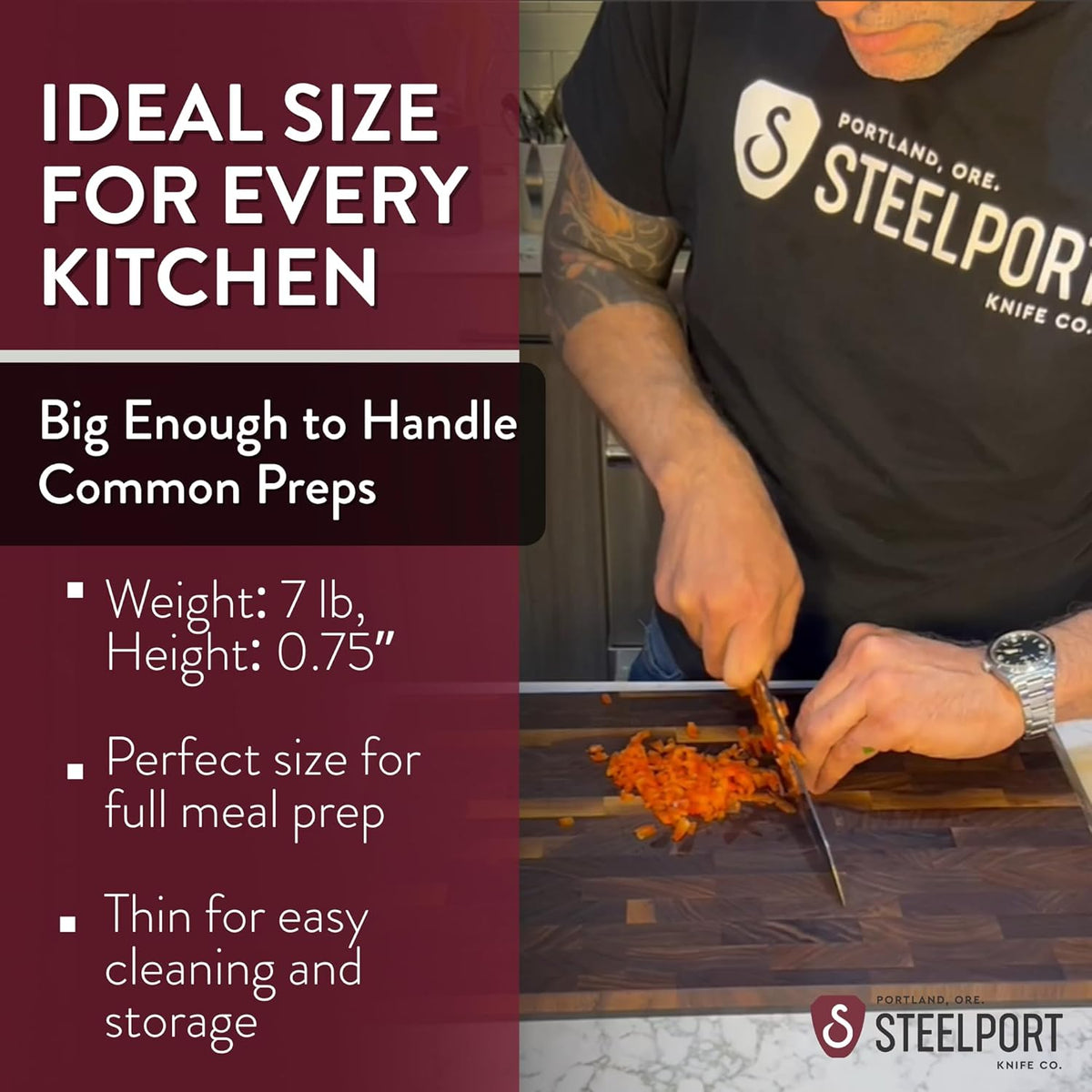 STEELPORT Small Cutting Board 9"x6" | Steel Reinforced End Grain Walnut | 2-Sided, Patent-Pending Ultra-Thin, Warp & Split Resistant | Composite Side, Juice Groove | USA Made, Ideal for Bar & Camp