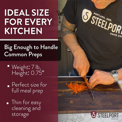 STEELPORT Small Cutting Board 9"x6" | Steel Reinforced End Grain Walnut | 2-Sided, Patent-Pending Ultra-Thin, Warp & Split Resistant | Composite Side, Juice Groove | USA Made, Ideal for Bar & Camp