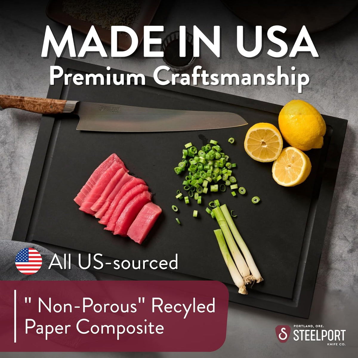 STEELPORT Small Cutting Board 9"x6" | Steel Reinforced End Grain Walnut | 2-Sided, Patent-Pending Ultra-Thin, Warp & Split Resistant | Composite Side, Juice Groove | USA Made, Ideal for Bar & Camp