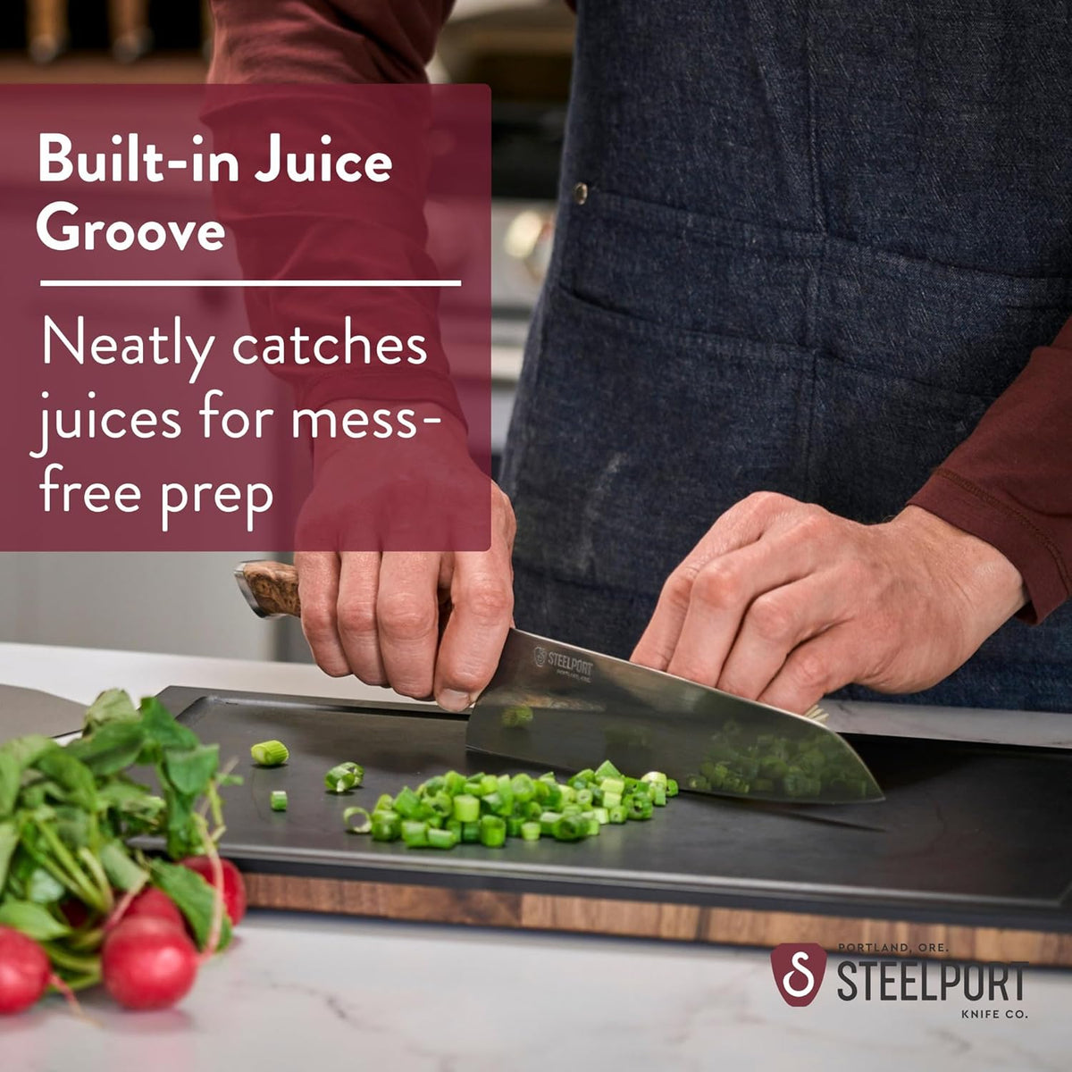 STEELPORT Small Cutting Board 9"x6" | Steel Reinforced End Grain Walnut | 2-Sided, Patent-Pending Ultra-Thin, Warp & Split Resistant | Composite Side, Juice Groove | USA Made, Ideal for Bar & Camp