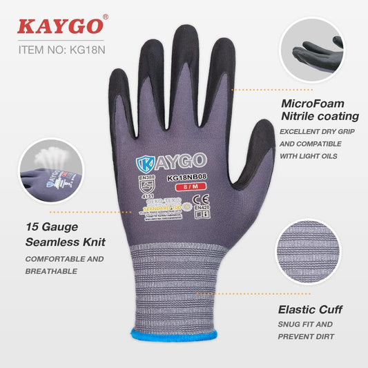 Safety Work Gloves, MicroFoam Nitrile Coated, Men Women,KG18N | Anti-Slip Grip, Breathable and Lightweight , Durable, Seamless Knit Nylon, For Construction, Warehouse, Automotive