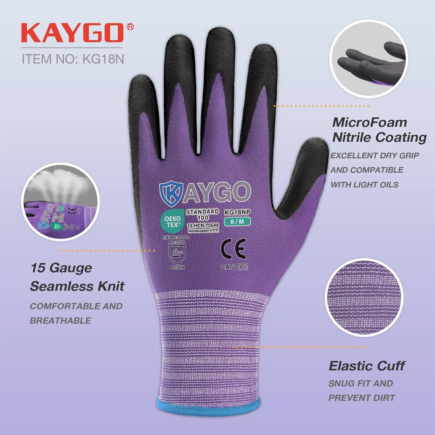 Safety Work Gloves, MicroFoam Nitrile Coated, Men Women,KG18N | Anti-Slip Grip, Breathable and Lightweight , Durable, Seamless Knit Nylon, For Construction, Warehouse, Automotive