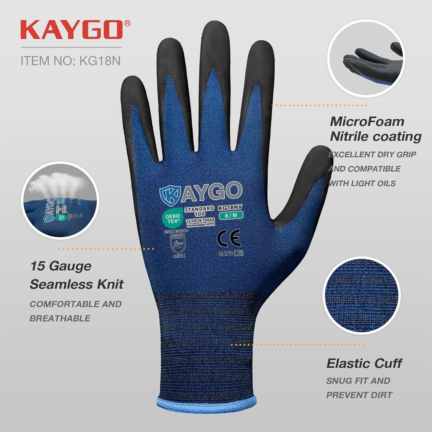 Safety Work Gloves, MicroFoam Nitrile Coated, Men Women,KG18N | Anti-Slip Grip, Breathable and Lightweight , Durable, Seamless Knit Nylon, For Construction, Warehouse, Automotive