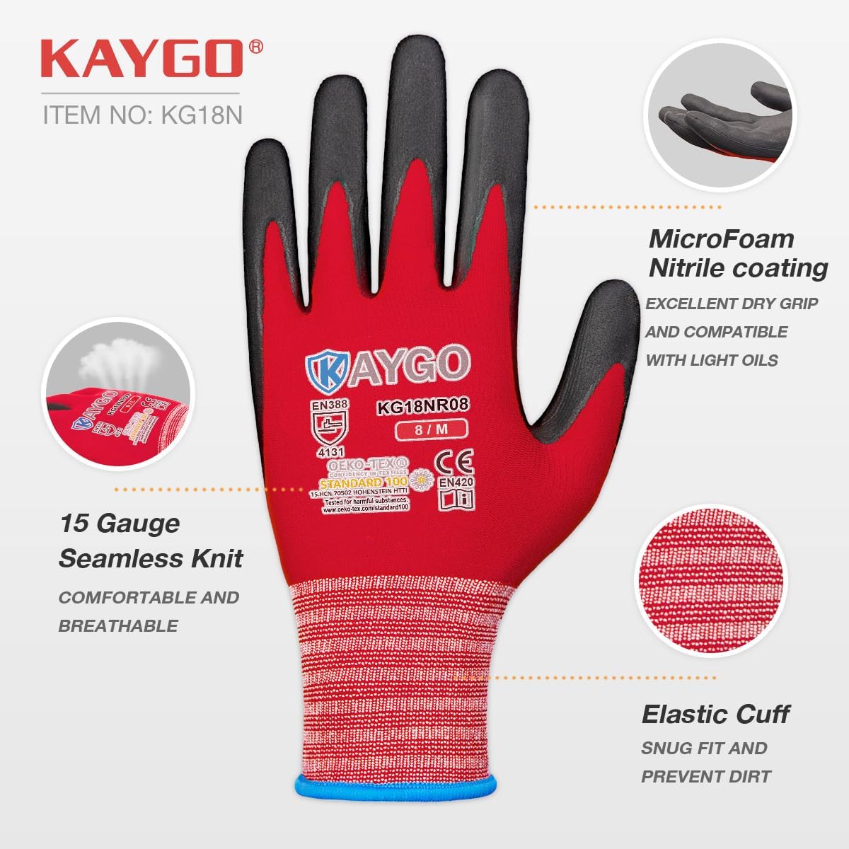 Safety Work Gloves, MicroFoam Nitrile Coated, Men Women,KG18N | Anti-Slip Grip, Breathable and Lightweight , Durable, Seamless Knit Nylon, For Construction, Warehouse, Automotive