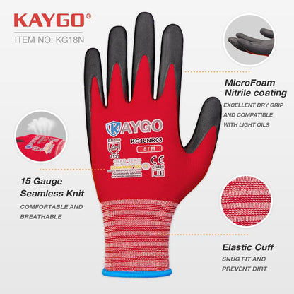 Safety Work Gloves, MicroFoam Nitrile Coated, Men Women,KG18N | Anti-Slip Grip, Breathable and Lightweight , Durable, Seamless Knit Nylon, For Construction, Warehouse, Automotive