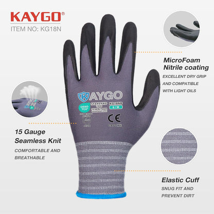 Safety Work Gloves, MicroFoam Nitrile Coated, Men Women,KG18N | Anti-Slip Grip, Breathable and Lightweight , Durable, Seamless Knit Nylon, For Construction, Warehouse, Automotive