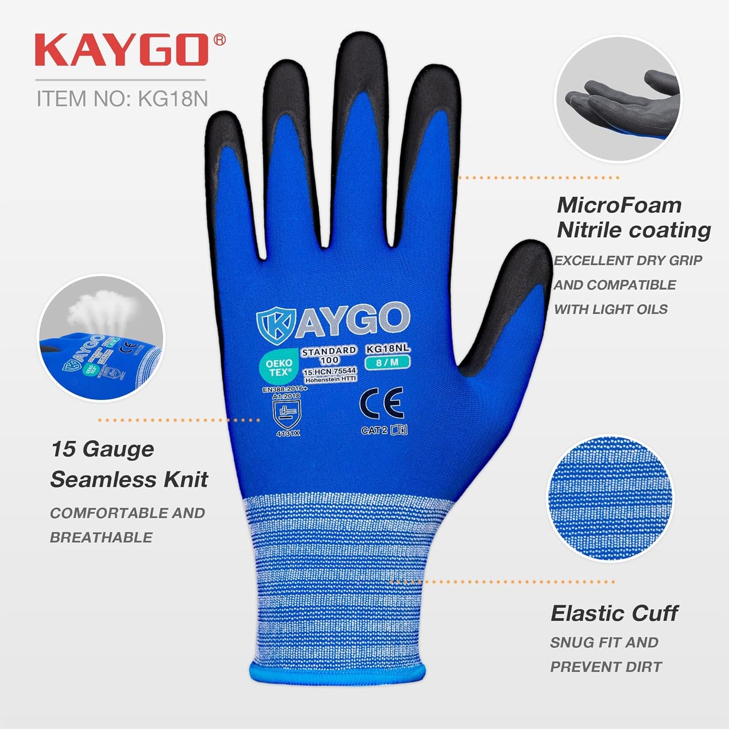 Safety Work Gloves, MicroFoam Nitrile Coated, Men Women,KG18N | Anti-Slip Grip, Breathable and Lightweight , Durable, Seamless Knit Nylon, For Construction, Warehouse, Automotive