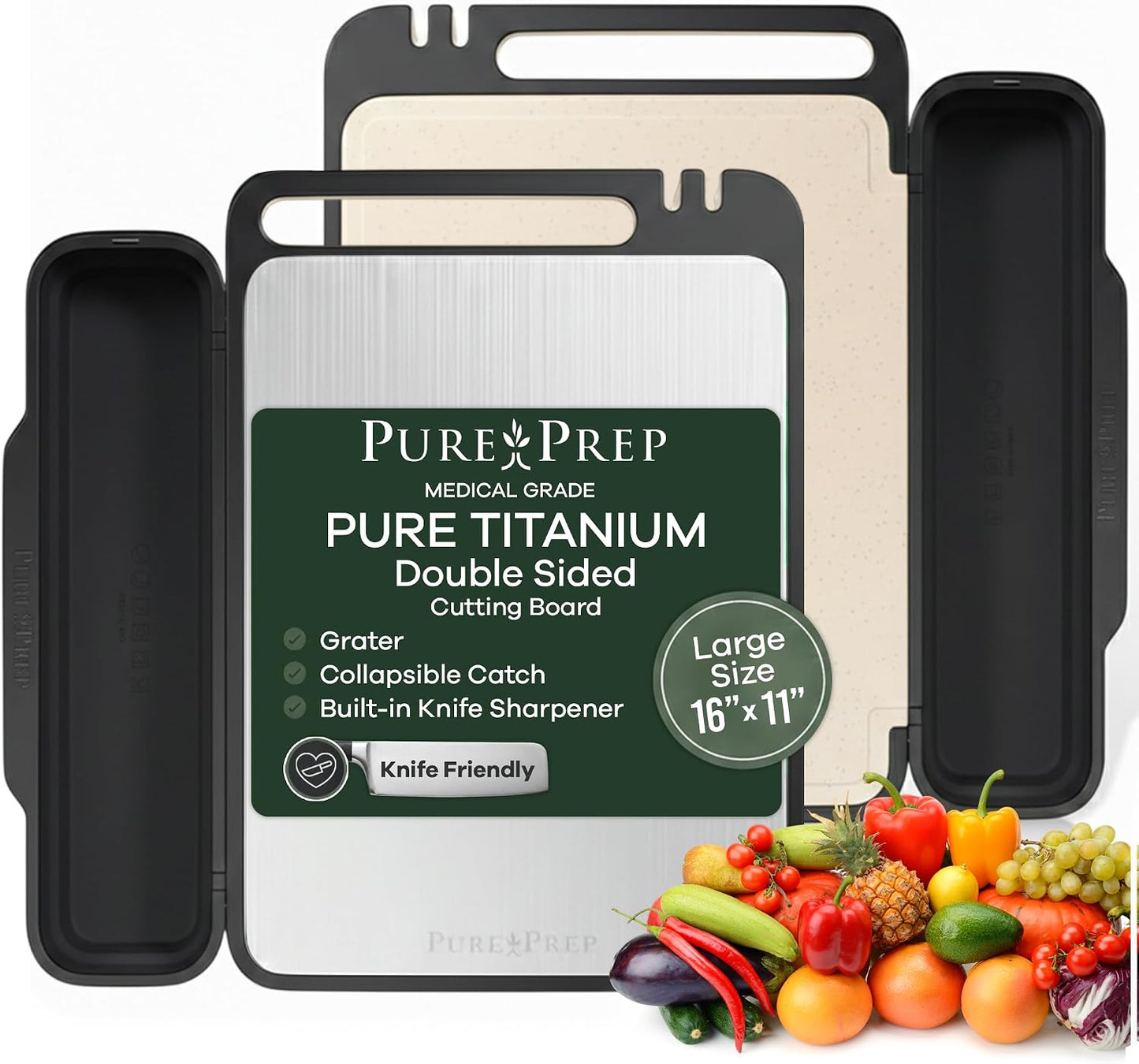 Titanium Cutting Board with Double-Sided Wheat Straw PP Kitchen Use - 16x11 | Titanium Cutting Boards, Chopping Board, Bacteria Resistant, Collapsible Catch, Grater, Knife Sharpener, Healthy, Large