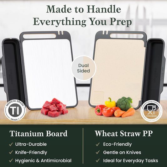 Titanium Cutting Board with Double-Sided Wheat Straw PP Kitchen Use - 16x11 | Titanium Cutting Boards, Chopping Board, Bacteria Resistant, Collapsible Catch, Grater, Knife Sharpener, Healthy, Large