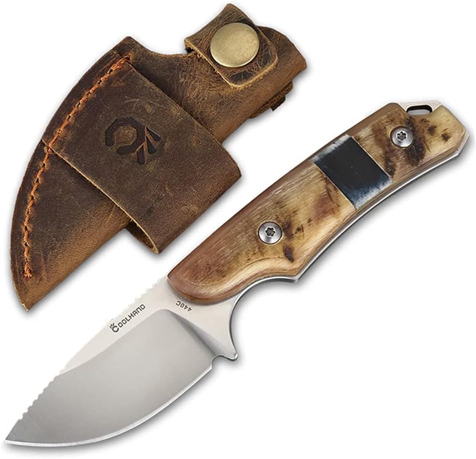5.98" 440C Fixed Blade Knife, Ram Horn Handle with Leather Sheath | Full Tang Drop Point Blade, Compact Horizontal Carry, Leather Sheath with Belt Loop & Buckle for Outdoor