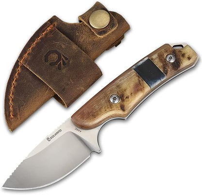 5.98" 440C Fixed Blade Knife, Ram Horn Handle with Leather Sheath | Full Tang Drop Point Blade, Compact Horizontal Carry, Leather Sheath with Belt Loop & Buckle for Outdoor