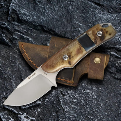 5.98" 440C Fixed Blade Knife, Ram Horn Handle with Leather Sheath | Full Tang Drop Point Blade, Compact Horizontal Carry, Leather Sheath with Belt Loop & Buckle for Outdoor