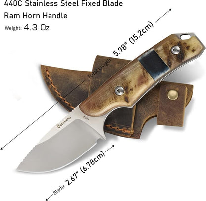 5.98" 440C Fixed Blade Knife, Ram Horn Handle with Leather Sheath | Full Tang Drop Point Blade, Compact Horizontal Carry, Leather Sheath with Belt Loop & Buckle for Outdoor