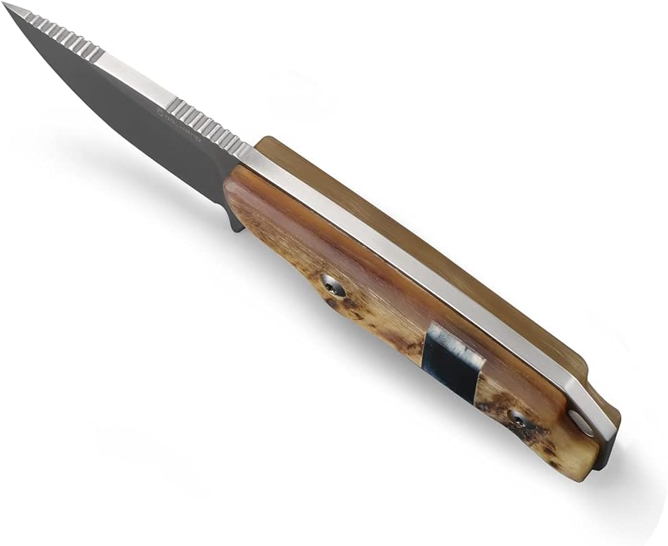 5.98" 440C Fixed Blade Knife, Ram Horn Handle with Leather Sheath | Full Tang Drop Point Blade, Compact Horizontal Carry, Leather Sheath with Belt Loop & Buckle for Outdoor