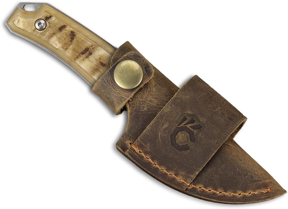 5.98" 440C Fixed Blade Knife, Ram Horn Handle with Leather Sheath | Full Tang Drop Point Blade, Compact Horizontal Carry, Leather Sheath with Belt Loop & Buckle for Outdoor