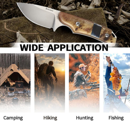 5.98" 440C Fixed Blade Knife, Ram Horn Handle with Leather Sheath | Full Tang Drop Point Blade, Compact Horizontal Carry, Leather Sheath with Belt Loop & Buckle for Outdoor