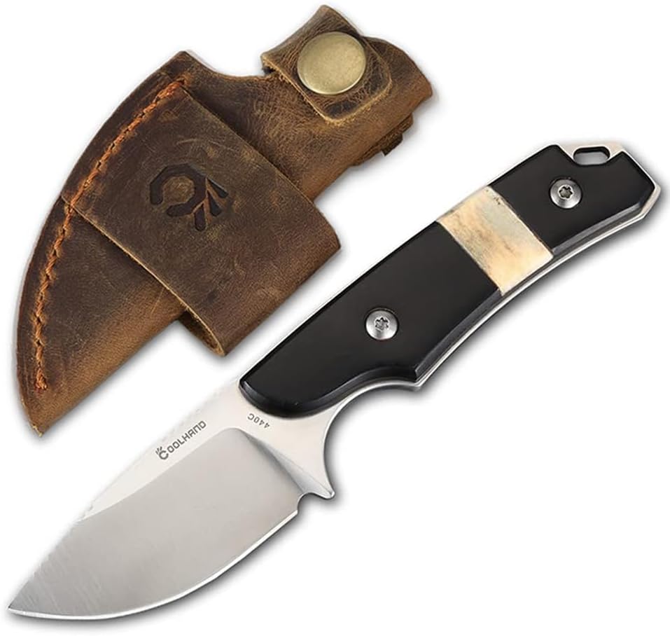 5.98" 440C Fixed Blade Knife, Ram Horn Handle with Leather Sheath | Full Tang Drop Point Blade, Compact Horizontal Carry, Leather Sheath with Belt Loop & Buckle for Outdoor