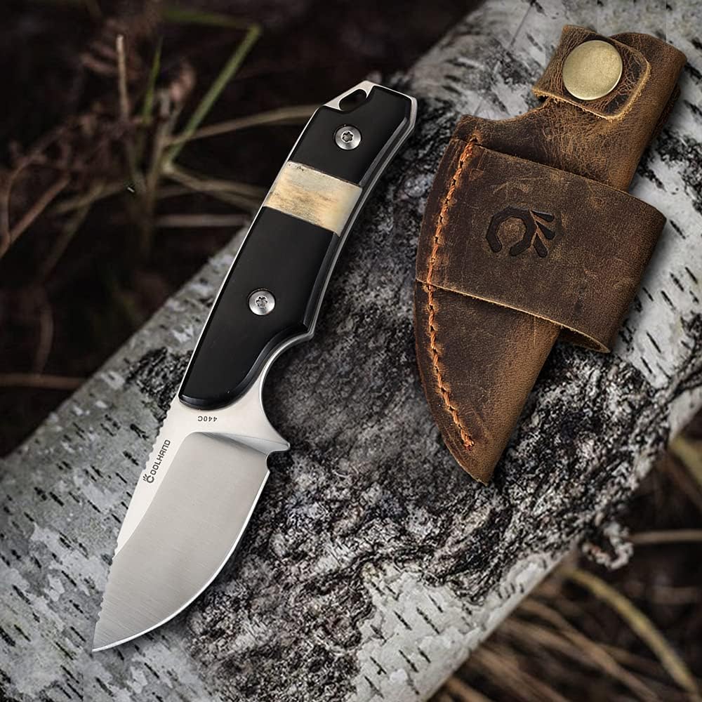 5.98" 440C Fixed Blade Knife, Ram Horn Handle with Leather Sheath | Full Tang Drop Point Blade, Compact Horizontal Carry, Leather Sheath with Belt Loop & Buckle for Outdoor