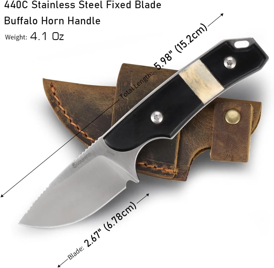 5.98" 440C Fixed Blade Knife, Ram Horn Handle with Leather Sheath | Full Tang Drop Point Blade, Compact Horizontal Carry, Leather Sheath with Belt Loop & Buckle for Outdoor