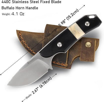 5.98" 440C Fixed Blade Knife, Ram Horn Handle with Leather Sheath | Full Tang Drop Point Blade, Compact Horizontal Carry, Leather Sheath with Belt Loop & Buckle for Outdoor