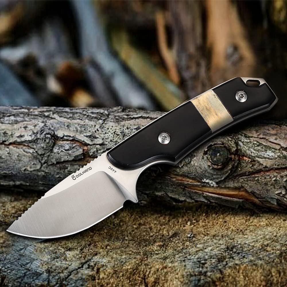 5.98" 440C Fixed Blade Knife, Ram Horn Handle with Leather Sheath | Full Tang Drop Point Blade, Compact Horizontal Carry, Leather Sheath with Belt Loop & Buckle for Outdoor