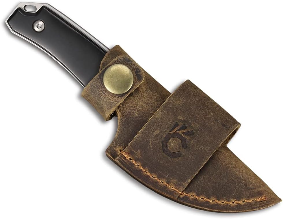5.98" 440C Fixed Blade Knife, Ram Horn Handle with Leather Sheath | Full Tang Drop Point Blade, Compact Horizontal Carry, Leather Sheath with Belt Loop & Buckle for Outdoor