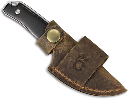 5.98" 440C Fixed Blade Knife, Ram Horn Handle with Leather Sheath | Full Tang Drop Point Blade, Compact Horizontal Carry, Leather Sheath with Belt Loop & Buckle for Outdoor
