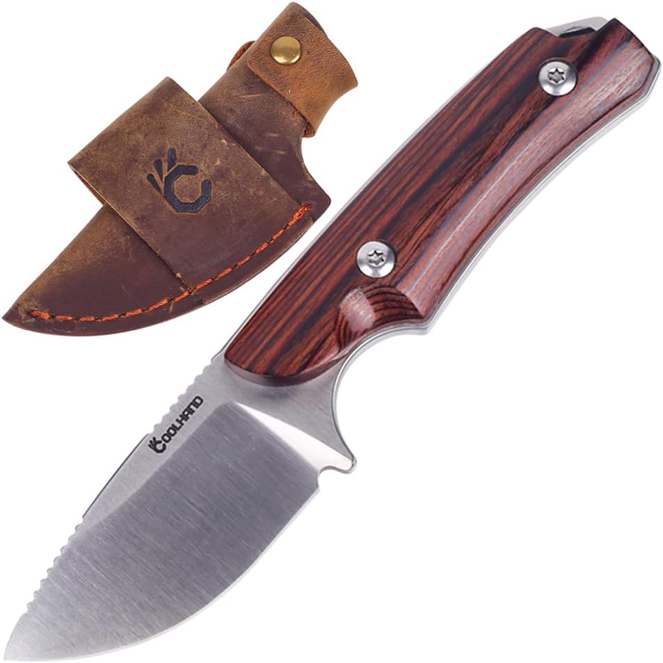 5.98" 440C Fixed Blade Knife, Ram Horn Handle with Leather Sheath | Full Tang Drop Point Blade, Compact Horizontal Carry, Leather Sheath with Belt Loop & Buckle for Outdoor
