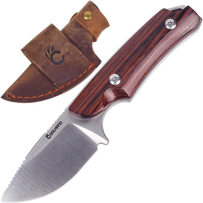 5.98" 440C Fixed Blade Knife, Ram Horn Handle with Leather Sheath | Full Tang Drop Point Blade, Compact Horizontal Carry, Leather Sheath with Belt Loop & Buckle for Outdoor