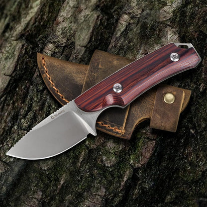 5.98" 440C Fixed Blade Knife, Ram Horn Handle with Leather Sheath | Full Tang Drop Point Blade, Compact Horizontal Carry, Leather Sheath with Belt Loop & Buckle for Outdoor