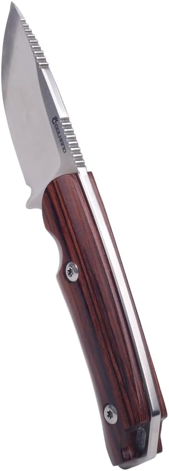 5.98" 440C Fixed Blade Knife, Ram Horn Handle with Leather Sheath | Full Tang Drop Point Blade, Compact Horizontal Carry, Leather Sheath with Belt Loop & Buckle for Outdoor