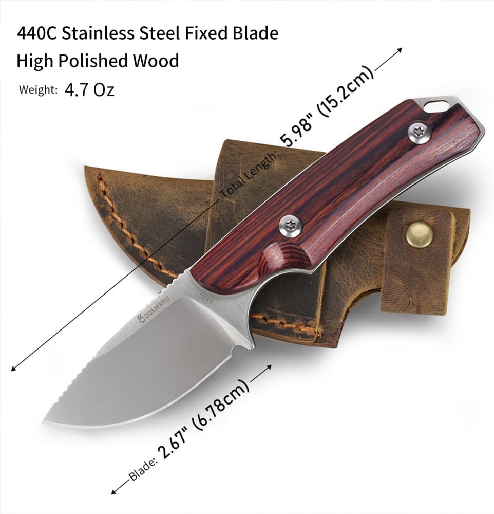 5.98" 440C Fixed Blade Knife, Ram Horn Handle with Leather Sheath | Full Tang Drop Point Blade, Compact Horizontal Carry, Leather Sheath with Belt Loop & Buckle for Outdoor