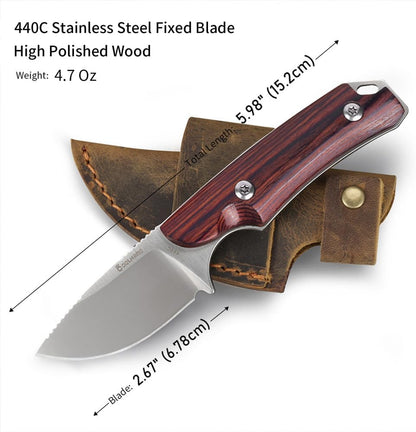 5.98" 440C Fixed Blade Knife, Ram Horn Handle with Leather Sheath | Full Tang Drop Point Blade, Compact Horizontal Carry, Leather Sheath with Belt Loop & Buckle for Outdoor