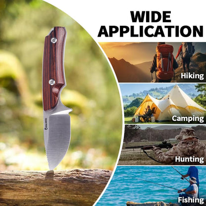 5.98" 440C Fixed Blade Knife, Ram Horn Handle with Leather Sheath | Full Tang Drop Point Blade, Compact Horizontal Carry, Leather Sheath with Belt Loop & Buckle for Outdoor