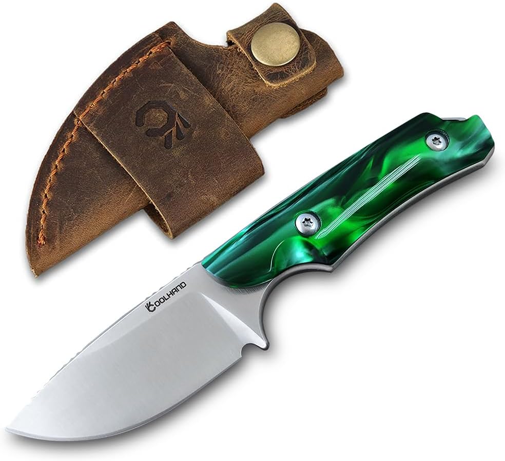 5.98" 440C Fixed Blade Knife, Ram Horn Handle with Leather Sheath | Full Tang Drop Point Blade, Compact Horizontal Carry, Leather Sheath with Belt Loop & Buckle for Outdoor