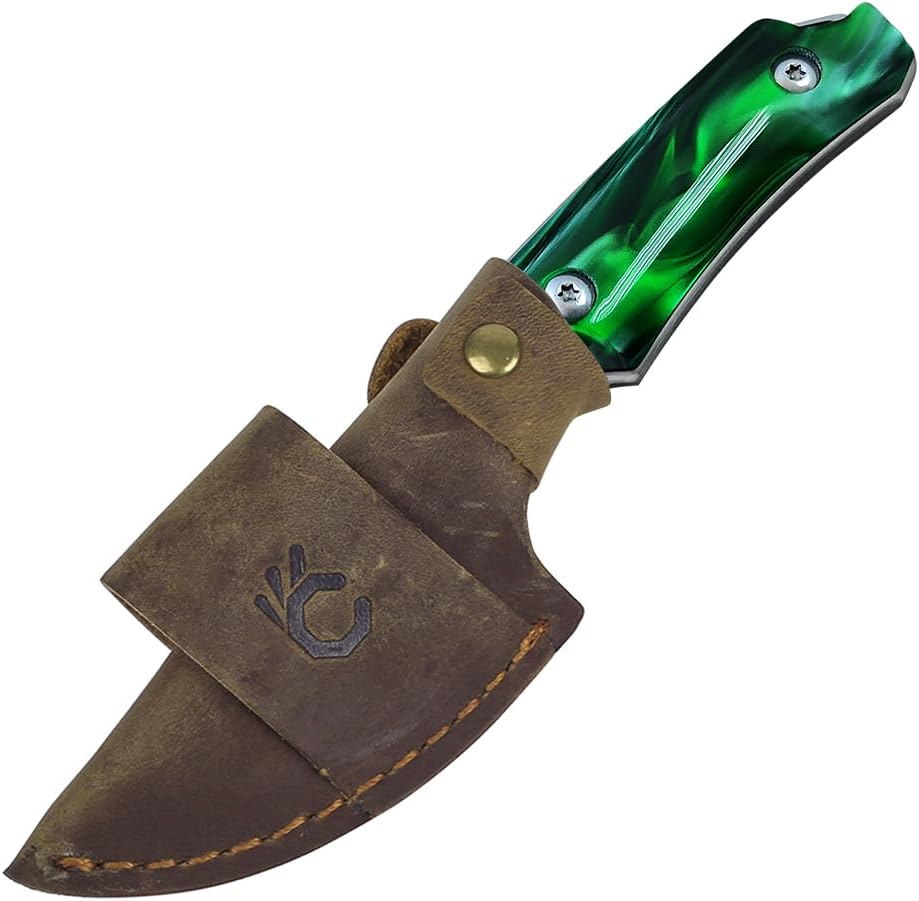 5.98" 440C Fixed Blade Knife, Ram Horn Handle with Leather Sheath | Full Tang Drop Point Blade, Compact Horizontal Carry, Leather Sheath with Belt Loop & Buckle for Outdoor