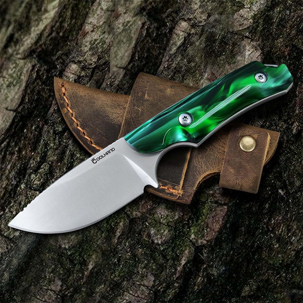 5.98" 440C Fixed Blade Knife, Ram Horn Handle with Leather Sheath | Full Tang Drop Point Blade, Compact Horizontal Carry, Leather Sheath with Belt Loop & Buckle for Outdoor