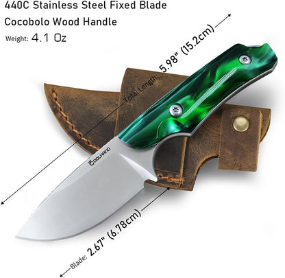 5.98" 440C Fixed Blade Knife, Ram Horn Handle with Leather Sheath | Full Tang Drop Point Blade, Compact Horizontal Carry, Leather Sheath with Belt Loop & Buckle for Outdoor