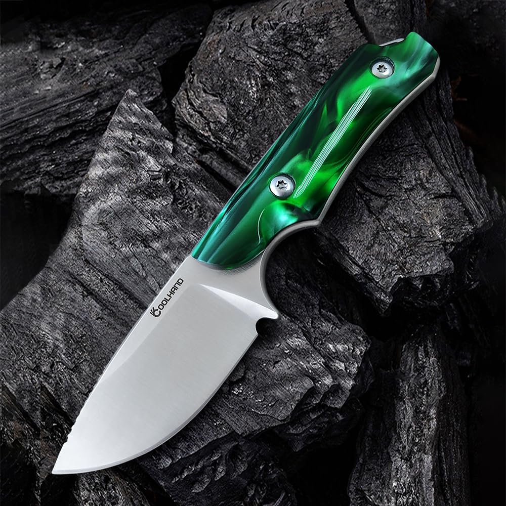 5.98" 440C Fixed Blade Knife, Ram Horn Handle with Leather Sheath | Full Tang Drop Point Blade, Compact Horizontal Carry, Leather Sheath with Belt Loop & Buckle for Outdoor