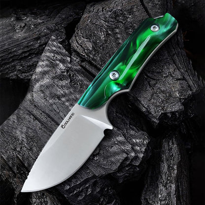 5.98" 440C Fixed Blade Knife, Ram Horn Handle with Leather Sheath | Full Tang Drop Point Blade, Compact Horizontal Carry, Leather Sheath with Belt Loop & Buckle for Outdoor