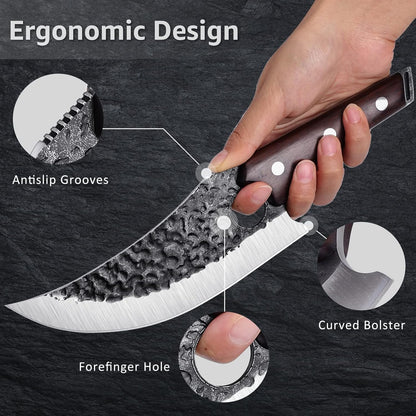 TOMBRO Huusk Knife Forged Viking Knives Sharp Boning knife, Handmade Caveman Knife, High Carbon Steel Butcher Knives with Sheath, Japanese Chef Knife for Kitchen, Camping