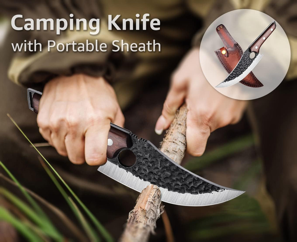 TOMBRO Huusk Knife Forged Viking Knives Sharp Boning knife, Handmade Caveman Knife, High Carbon Steel Butcher Knives with Sheath, Japanese Chef Knife for Kitchen, Camping
