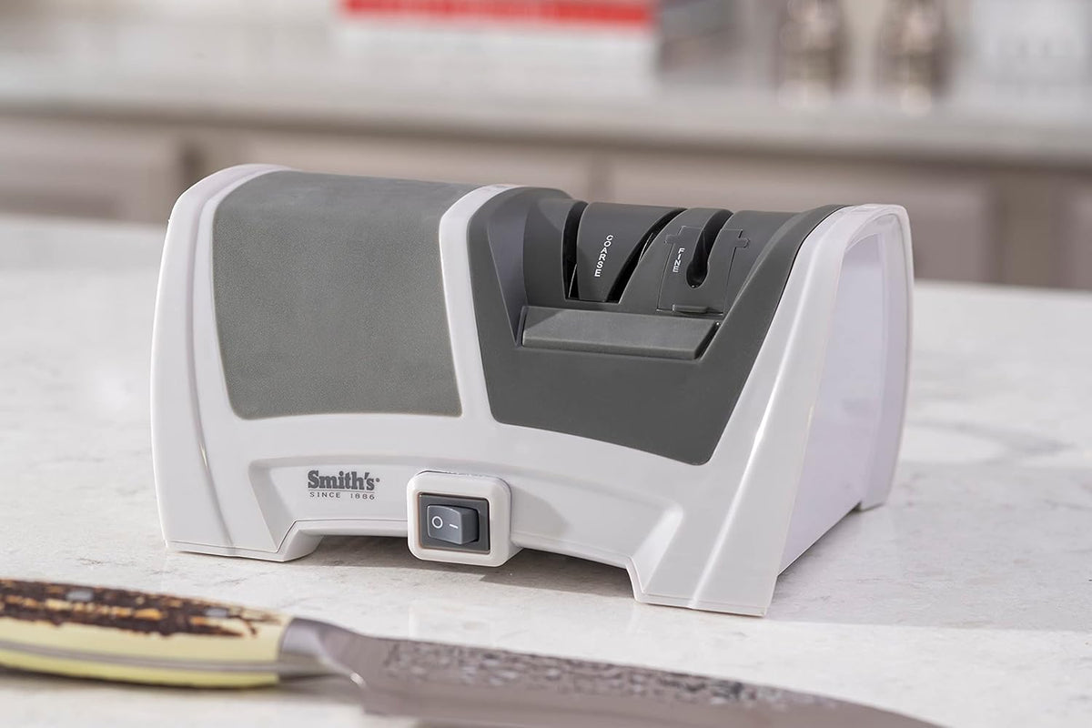 Smith's 50378 Deluxe Diamond Electric Knife Sharpener, Grey/White - Professional Kitchen Tool - Dual Sharpening Slots, Blade Guides, + Non-Slip Base – Straight Edge