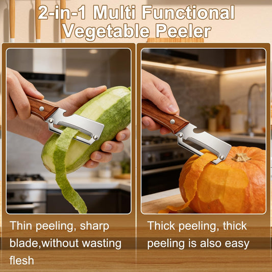 2PCS Multi Functional Premium Vegetable Peeler with Wooden Handle and Bottle Opener,Stainless Steel Blade Kitchen Tool for Fruit Apple Potato Pumpkin Papaya Carrot