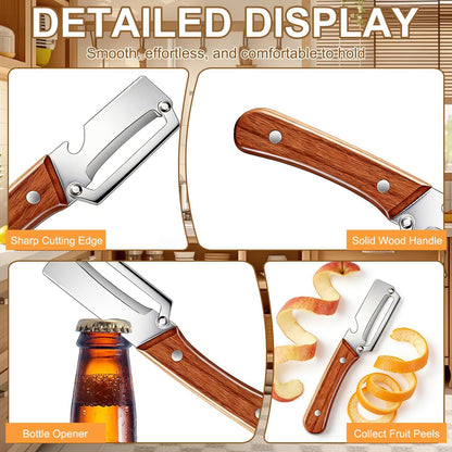 2PCS Multi Functional Premium Vegetable Peeler with Wooden Handle and Bottle Opener,Stainless Steel Blade Kitchen Tool for Fruit Apple Potato Pumpkin Papaya Carrot