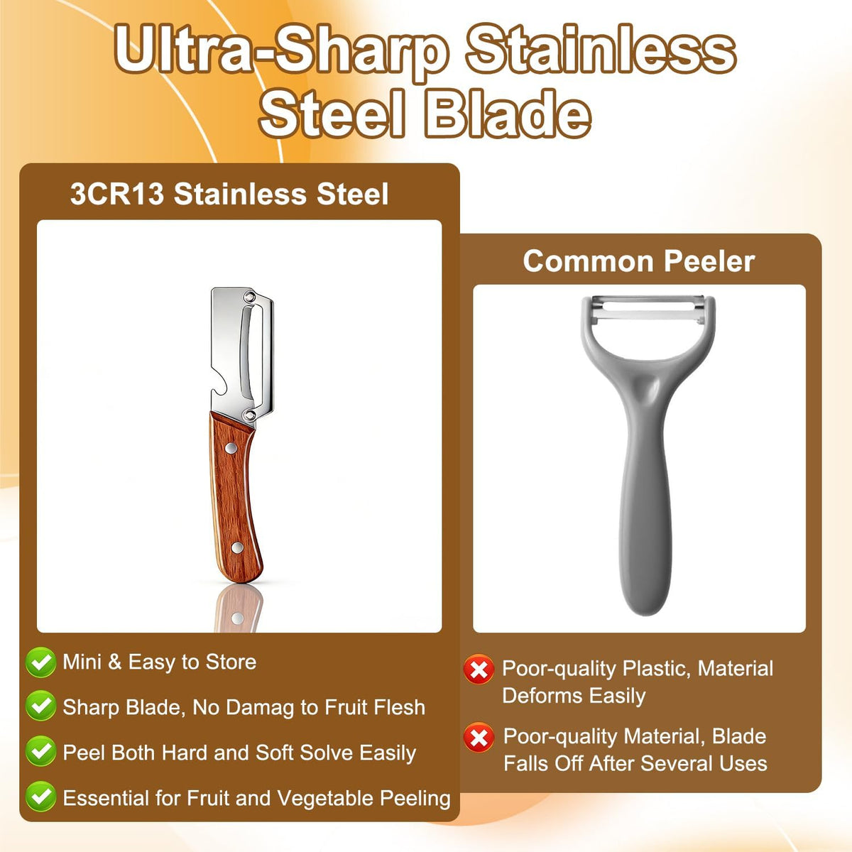 2PCS Multi Functional Premium Vegetable Peeler with Wooden Handle and Bottle Opener,Stainless Steel Blade Kitchen Tool for Fruit Apple Potato Pumpkin Papaya Carrot