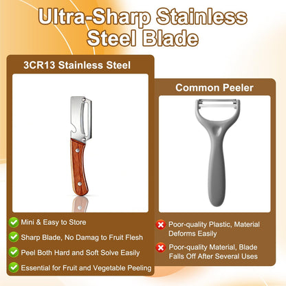 2PCS Multi Functional Premium Vegetable Peeler with Wooden Handle and Bottle Opener,Stainless Steel Blade Kitchen Tool for Fruit Apple Potato Pumpkin Papaya Carrot