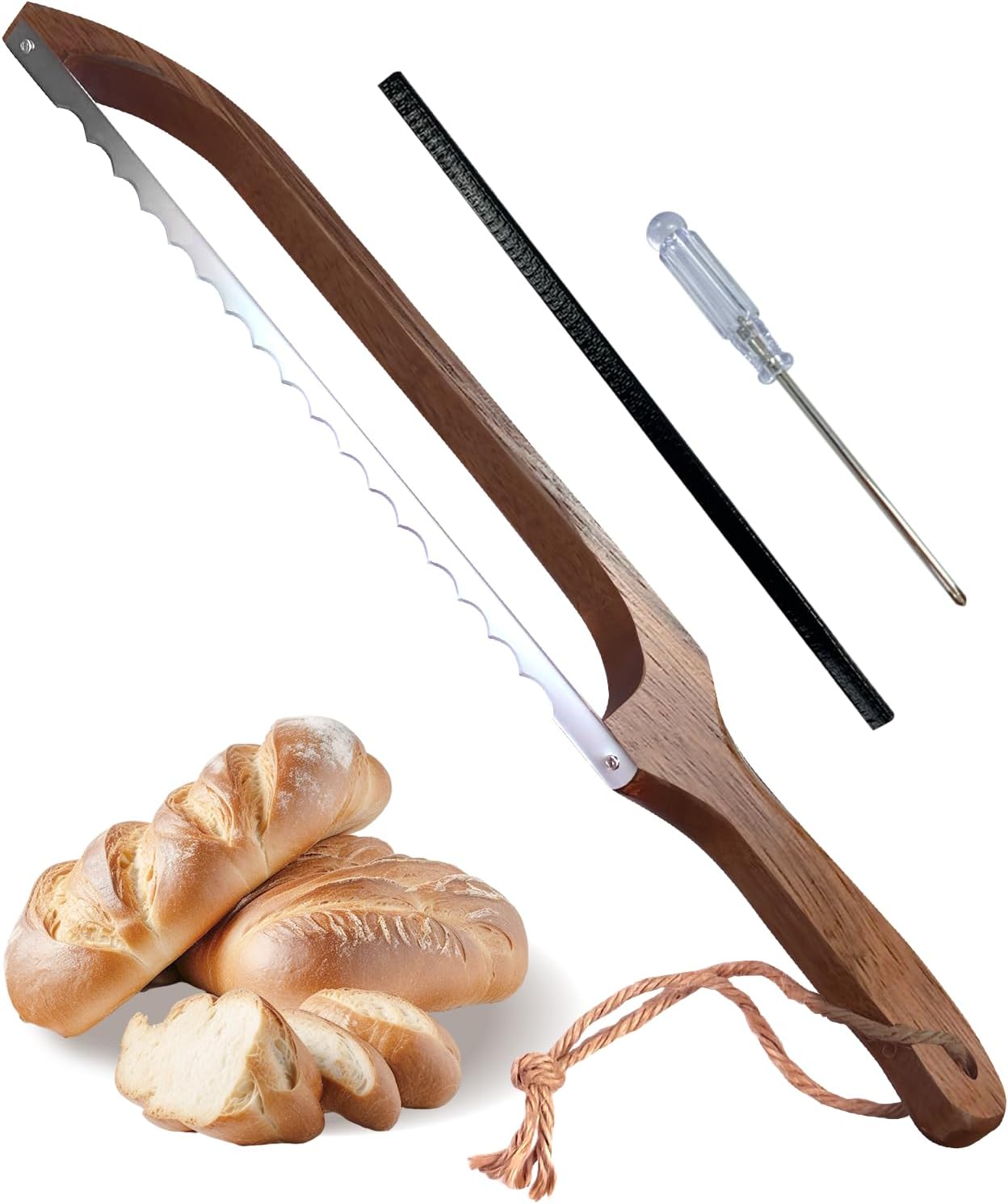 Sourdough Bread Knife, 16" Acacia Wood Slicer for Homemade Bread | wood bow with a serrated stainless steel blade cuts even slices of crusty sourdough, bagels and baguettes