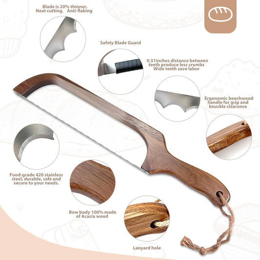Sourdough Bread Knife, 16" Acacia Wood Slicer for Homemade Bread | wood bow with a serrated stainless steel blade cuts even slices of crusty sourdough, bagels and baguettes