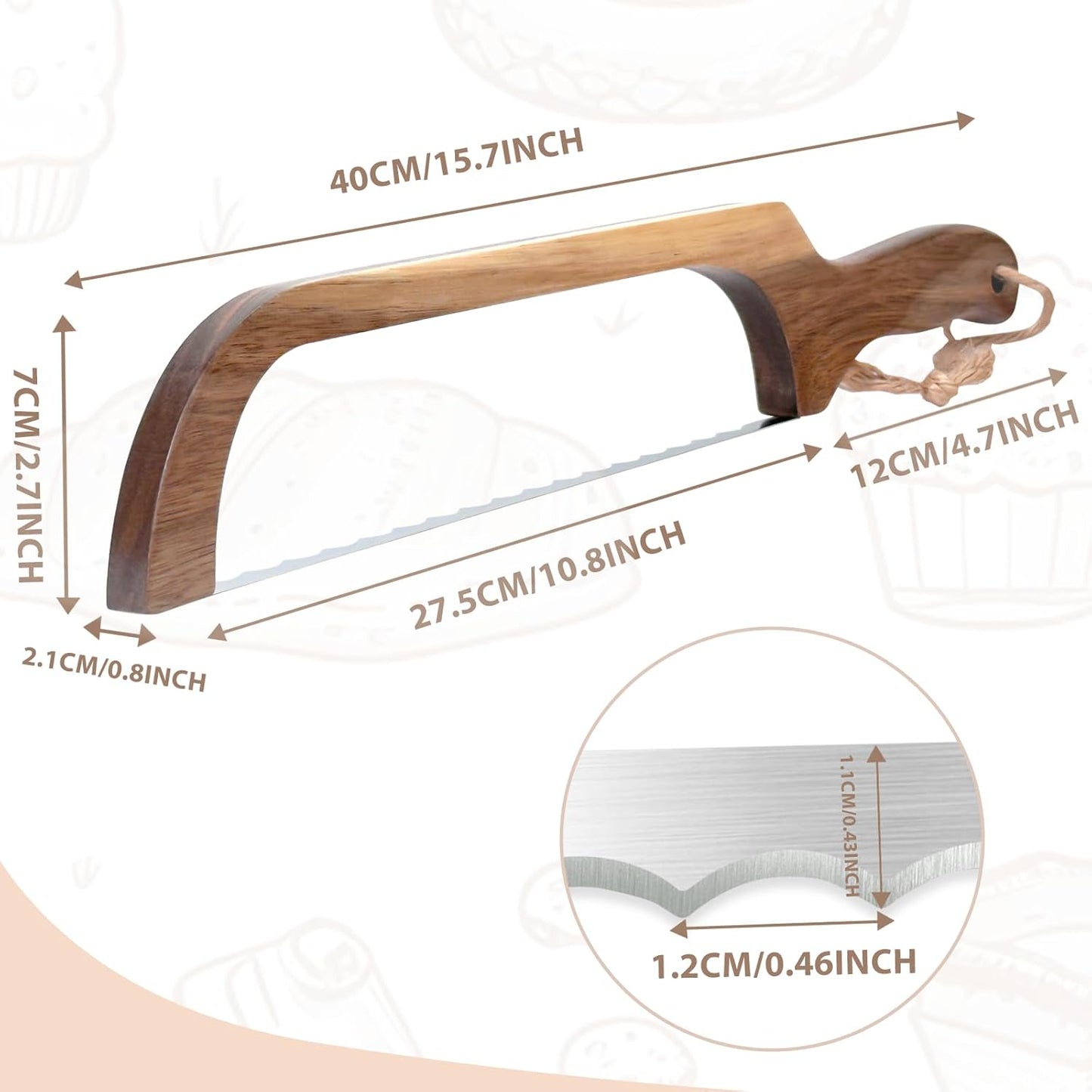 Sourdough Bread Knife, 16" Acacia Wood Slicer for Homemade Bread | wood bow with a serrated stainless steel blade cuts even slices of crusty sourdough, bagels and baguettes